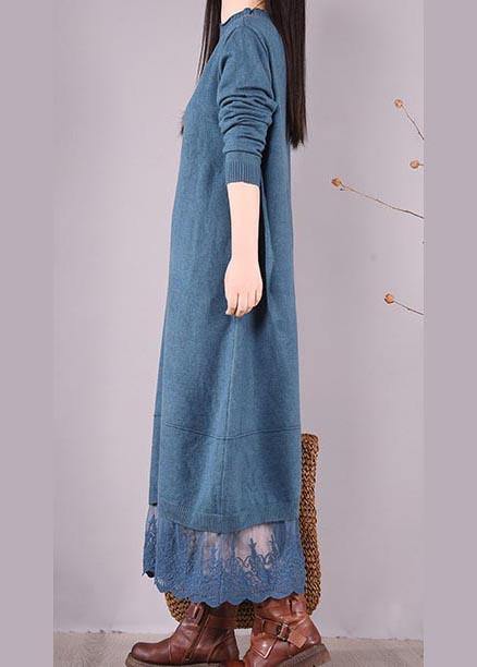 Vivid Blue Tunics O Neck Patchwork Lace Spring Dress