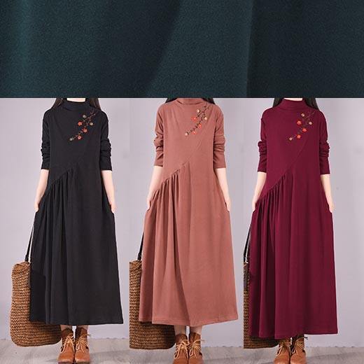 Vivid Burgundy Embroidery Tunic Pattern High Neck Cinched Spring Dress