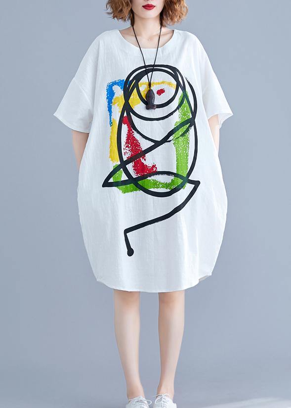 Vivid Cartoon Print Cotton Tunics Tutorials White Short Sleeve Dress Summer