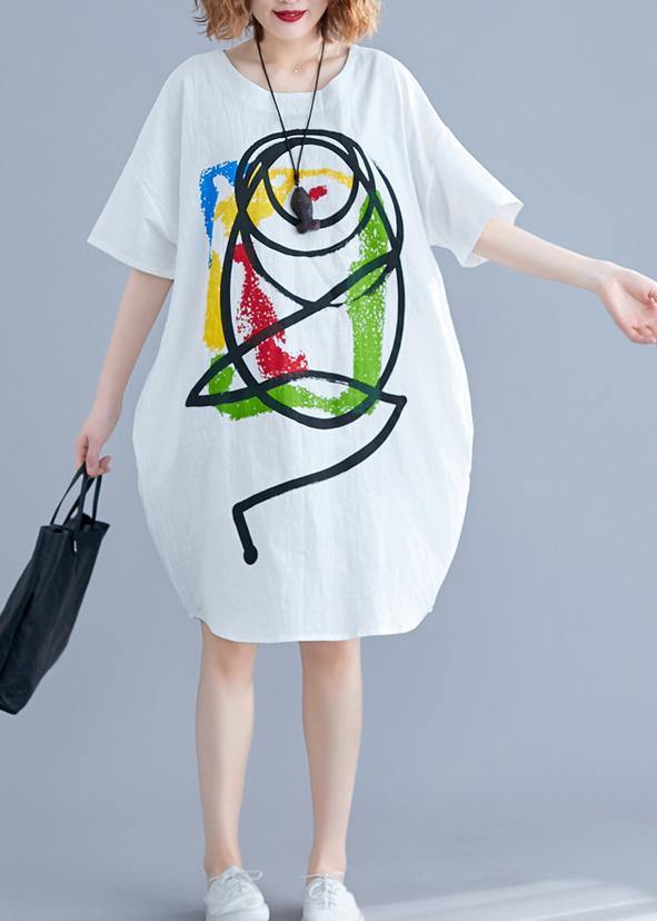 Vivid Cartoon Print Cotton Tunics Tutorials White Short Sleeve Dress Summer