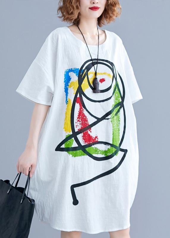 Vivid Cartoon Print Cotton Tunics Tutorials White Short Sleeve Dress Summer