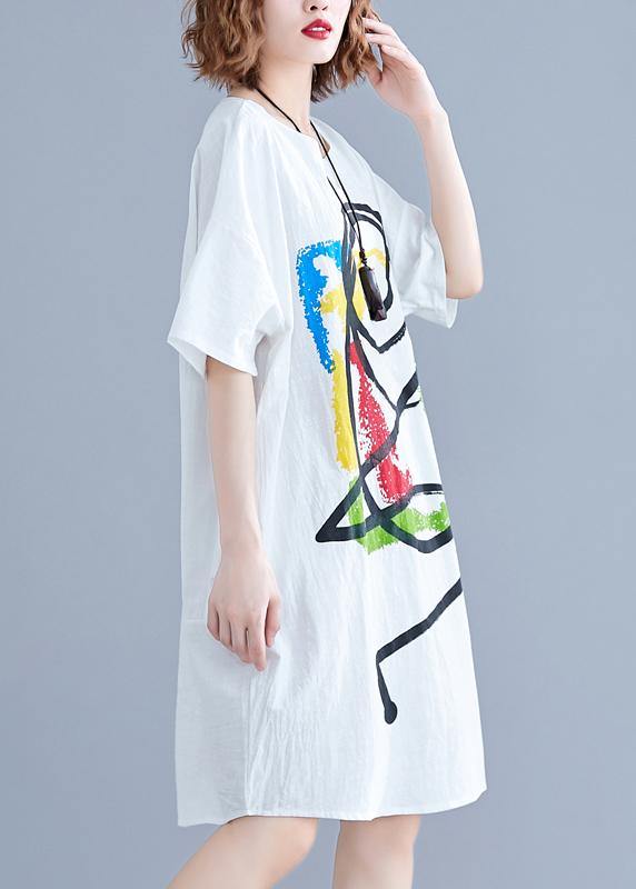 Vivid Cartoon Print Cotton Tunics Tutorials White Short Sleeve Dress Summer