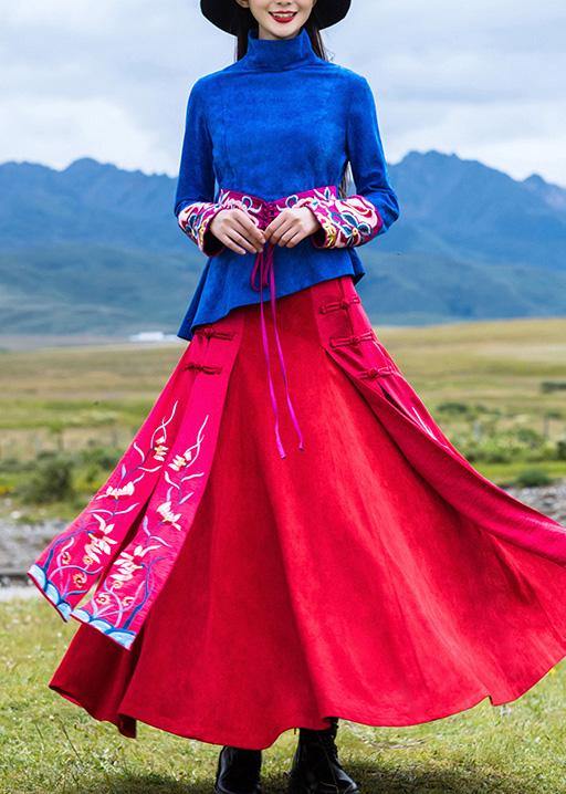 Vivid Chinese Button Cotton Embroidery Outfit Outfits Red Cotton Skirts