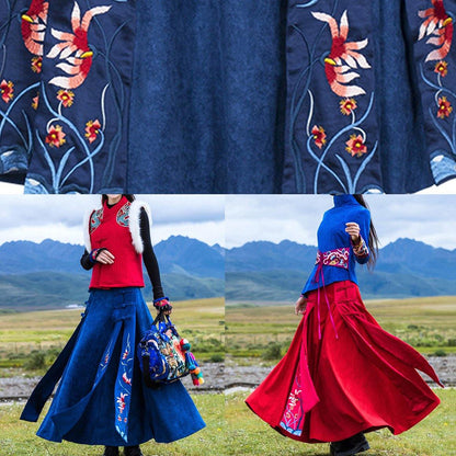 Vivid Chinese Button Cotton Embroidery Outfit Outfits Red Cotton Skirts