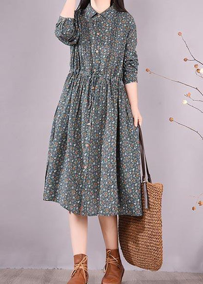 Vivid Green Print Dresses Lapel Drawstring a Line Spring Dress