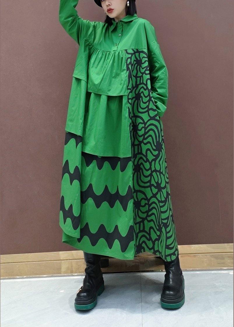 Vivid Lapel Asymmetric Spring Quilting Dresses Tunic Green Print Dress