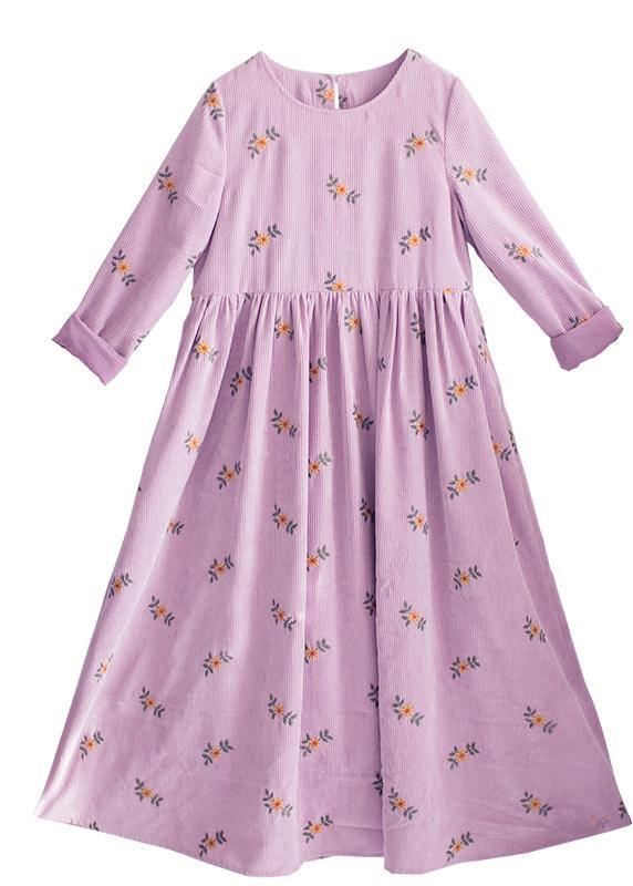 Vivid Pink Embroidery Dress O-neck Long Spring Dresses