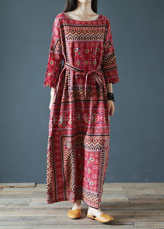 Vivid Square Collar Tie Waist Outfit Pattern Red Print a Line Dress