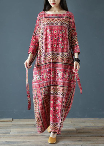 Vivid Square Collar Tie Waist Outfit Pattern Red Print a Line Dress