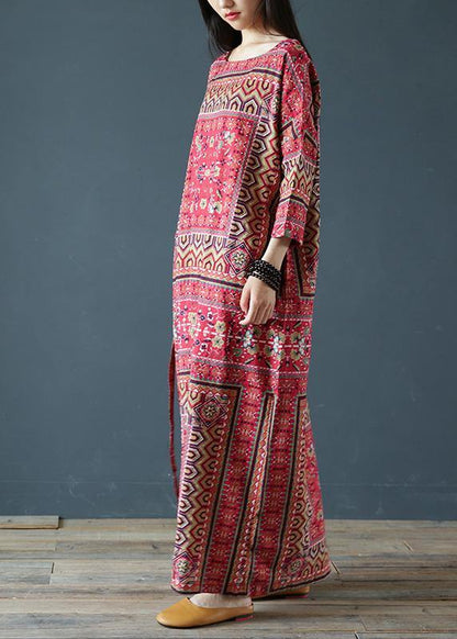 Vivid Square Collar Tie Waist Outfit Pattern Red Print a Line Dress