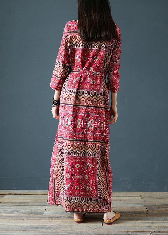 Vivid Square Collar Tie Waist Outfit Pattern Red Print a Line Dress