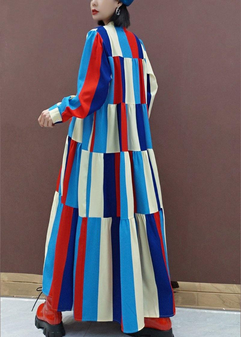 Vivid Stand Collar Patchwork Spring Clothes Ideas Multicolor Striped Kaftan Dresses