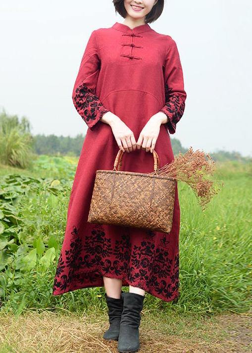 Vivid Stand Collar Spring Tunics Work Black Embroidery Long Dresses