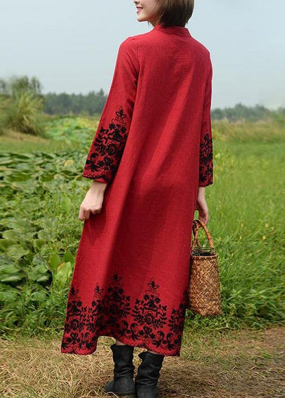 Vivid Stand Collar Spring Tunics Work Black Embroidery Long Dresses