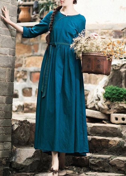Vivid Tie Waist O Neck Spring Clothes Pattern Blue Dresses