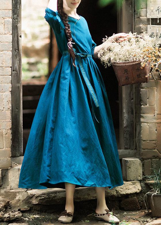 Vivid Tie Waist O Neck Spring Clothes Pattern Blue Dresses