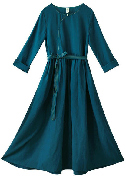 Vivid Tie Waist O Neck Spring Clothes Pattern Blue Dresses