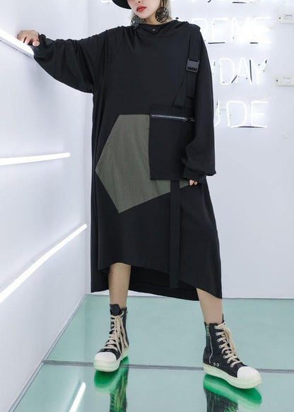 Vivid Big Pockets Cotton Tunics Sewing Gray Green Loose Dresses Fall