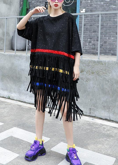 Vivid Black Cotton 0layered Tassel Dresses Summer Dress