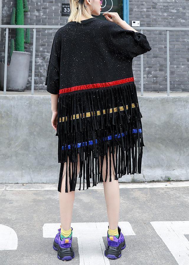 Vivid Black Cotton 0layered Tassel Dresses Summer Dress