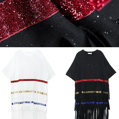 Vivid Black Cotton 0layered Tassel Dresses Summer Dress