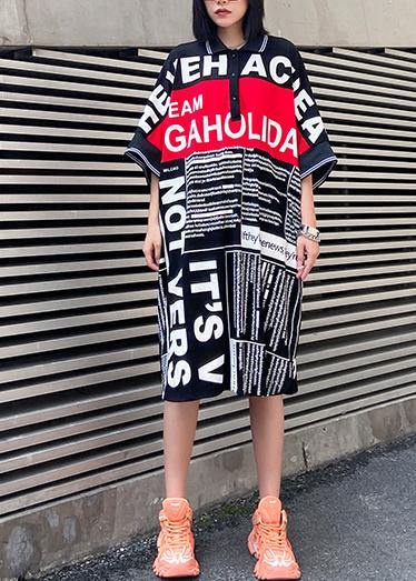 Vivid Black Letter Cotton Quilting Clothes Lapel Side Open Oversized Dresses