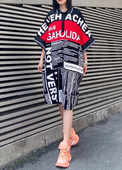 Vivid Black Letter Cotton Quilting Clothes Lapel Side Open Oversized Dresses