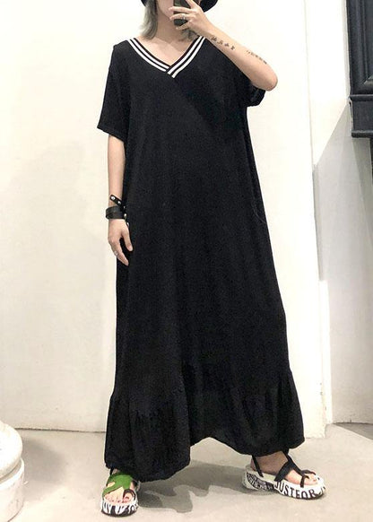 Vivid Black Cotton Tunics V Neck Traveling Ruffles Summer Dresses