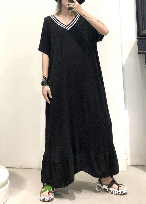 Vivid Black Cotton Tunics V Neck Traveling Ruffles Summer Dresses