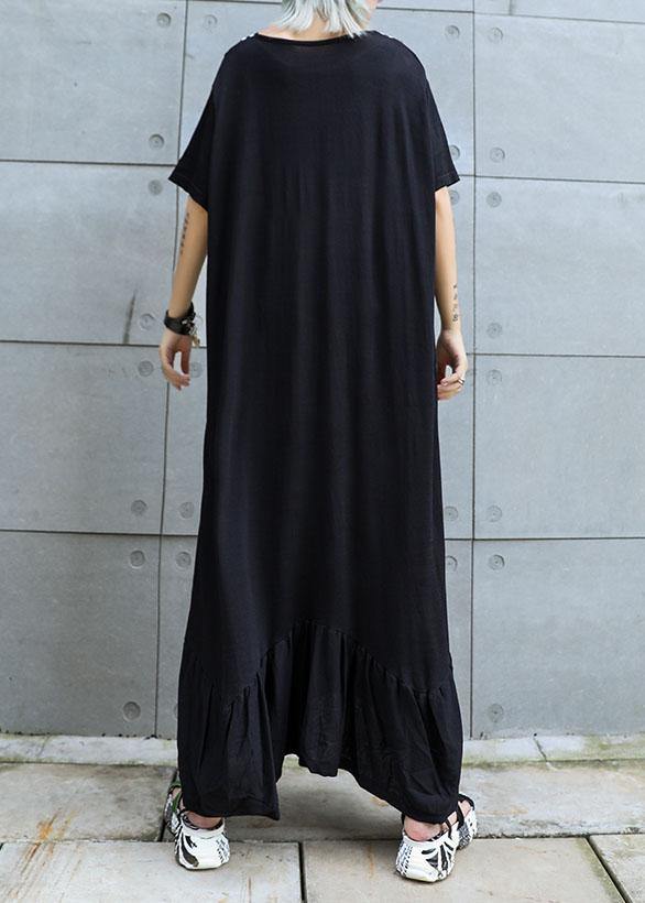 Vivid Black Cotton Tunics V Neck Traveling Ruffles Summer Dresses