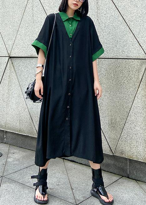 Vivid Black Cotton Clothes Lapel Button Down Maxi Summer Dress