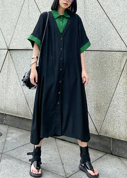 Vivid Black Cotton Clothes Lapel Button Down Maxi Summer Dress