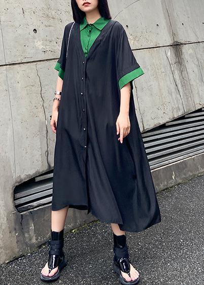 Vivid Black Cotton Clothes Lapel Button Down Maxi Summer Dress