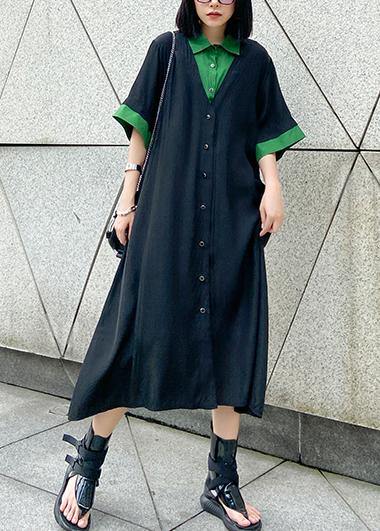Vivid Black Cotton Clothes Lapel Button Down Maxi Summer Dress