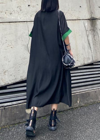 Vivid Black Cotton Clothes Lapel Button Down Maxi Summer Dress