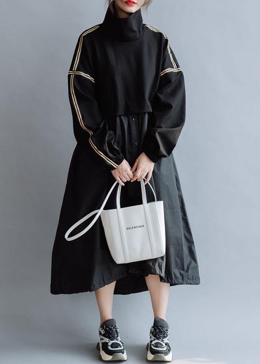 Vivid Black Cotton Dress Patchwork High Neck a Line Fall Dresses