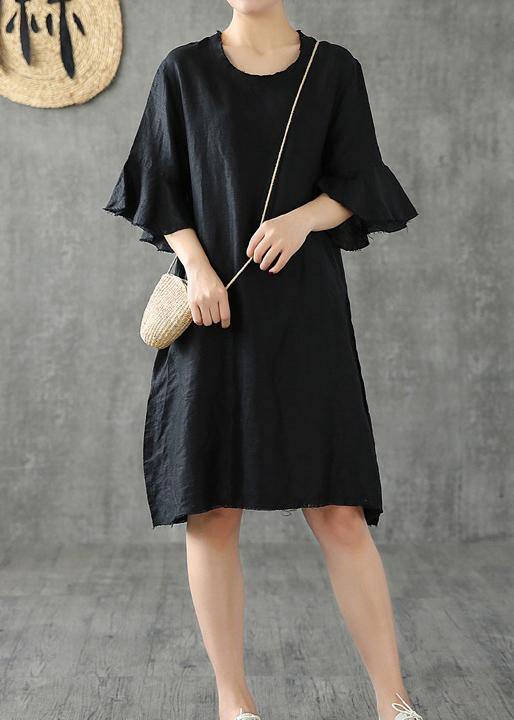 Vivid Black Cotton Linen Dresses O Neck Petal Sleeve Baggy Dress