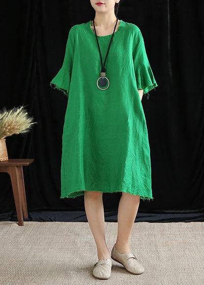 Vivid Black Cotton Linen Dresses O Neck Petal Sleeve Baggy Dress