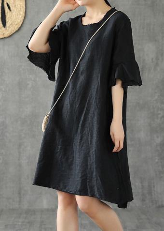 Vivid Black Cotton Linen Dresses O Neck Petal Sleeve Baggy Dress