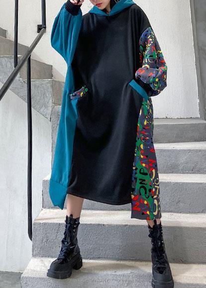 Vivid Black Cotton Quilting Clothes Hooded Patchwork Print Traveling Dresses