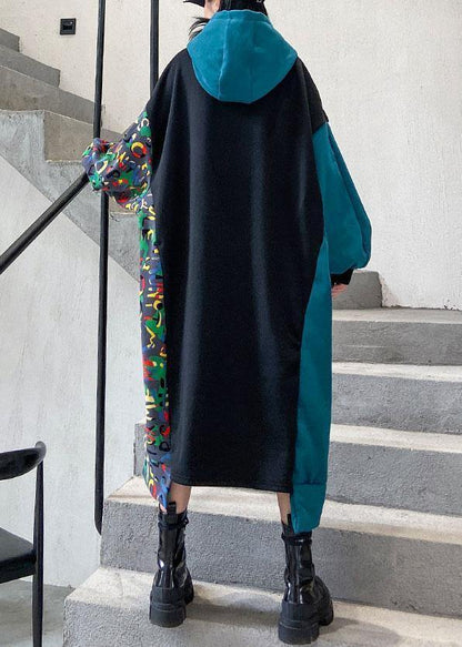 Vivid Black Cotton Quilting Clothes Hooded Patchwork Print Traveling Dresses