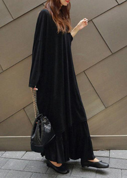 Vivid Black Cotton Quilting Dresses O Neck Batwing Sleeve Kaftan Summer Dress