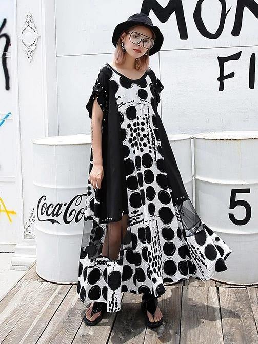 Vivid Black Dotted Cotton Long Shirts O Neck Patchwork Maxi Dresses