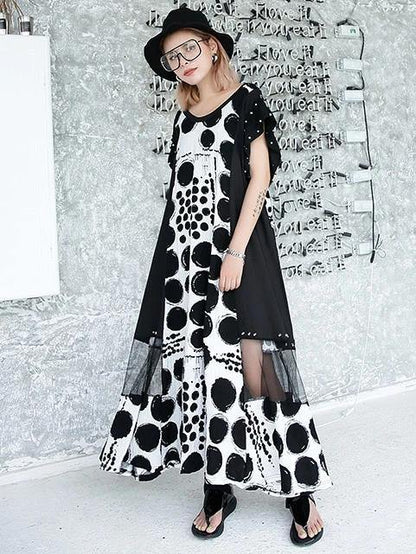 Vivid Black Dotted Cotton Long Shirts O Neck Patchwork Maxi Dresses