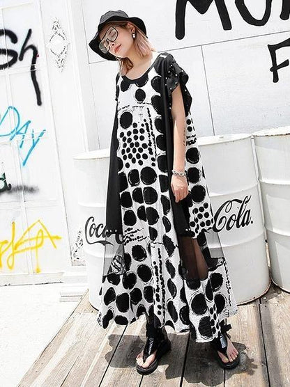 Vivid Black Dotted Cotton Long Shirts O Neck Patchwork Maxi Dresses
