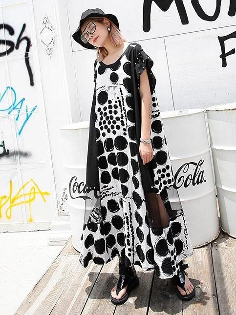Vivid Black Dotted Cotton Long Shirts O Neck Patchwork Maxi Dresses