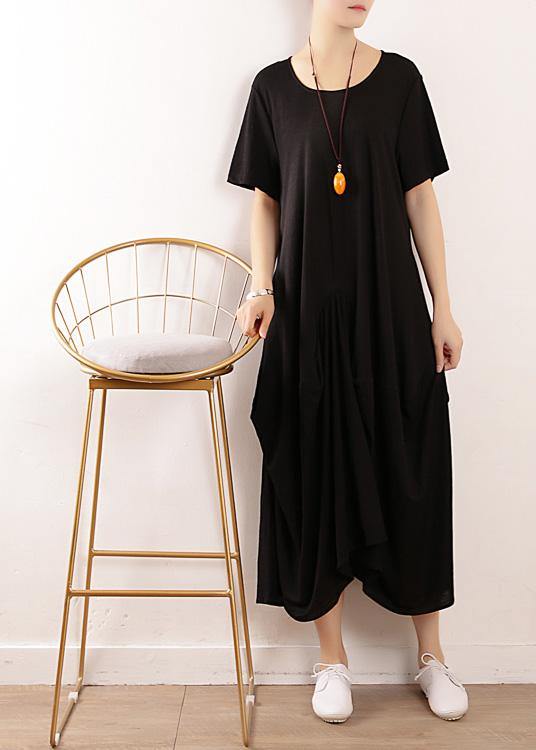 Vivid Black Linen Cotton Robes Asymmetric Summer Dresses