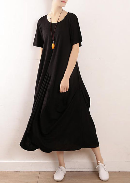 Vivid Black Linen Cotton Robes Asymmetric Summer Dresses