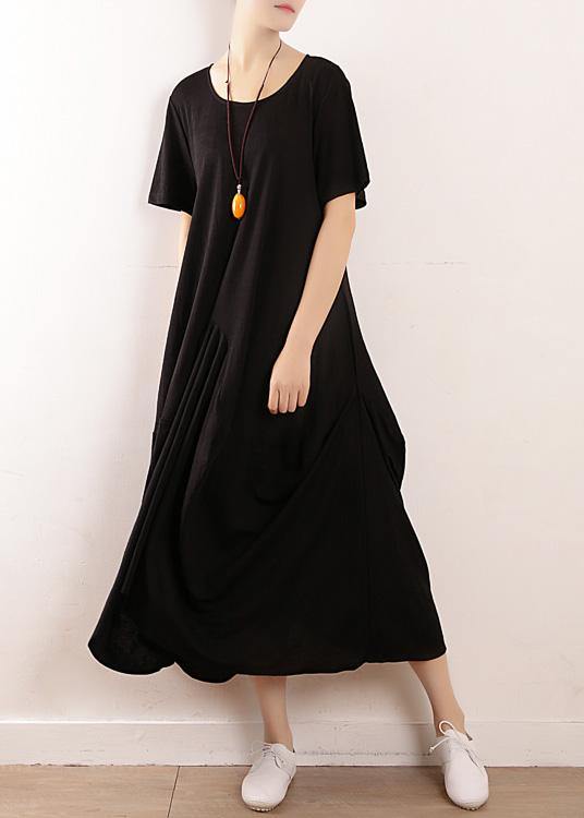 Vivid Black Linen Cotton Robes Asymmetric Summer Dresses