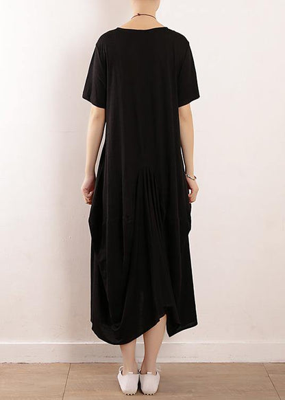 Vivid Black Linen Cotton Robes Asymmetric Summer Dresses